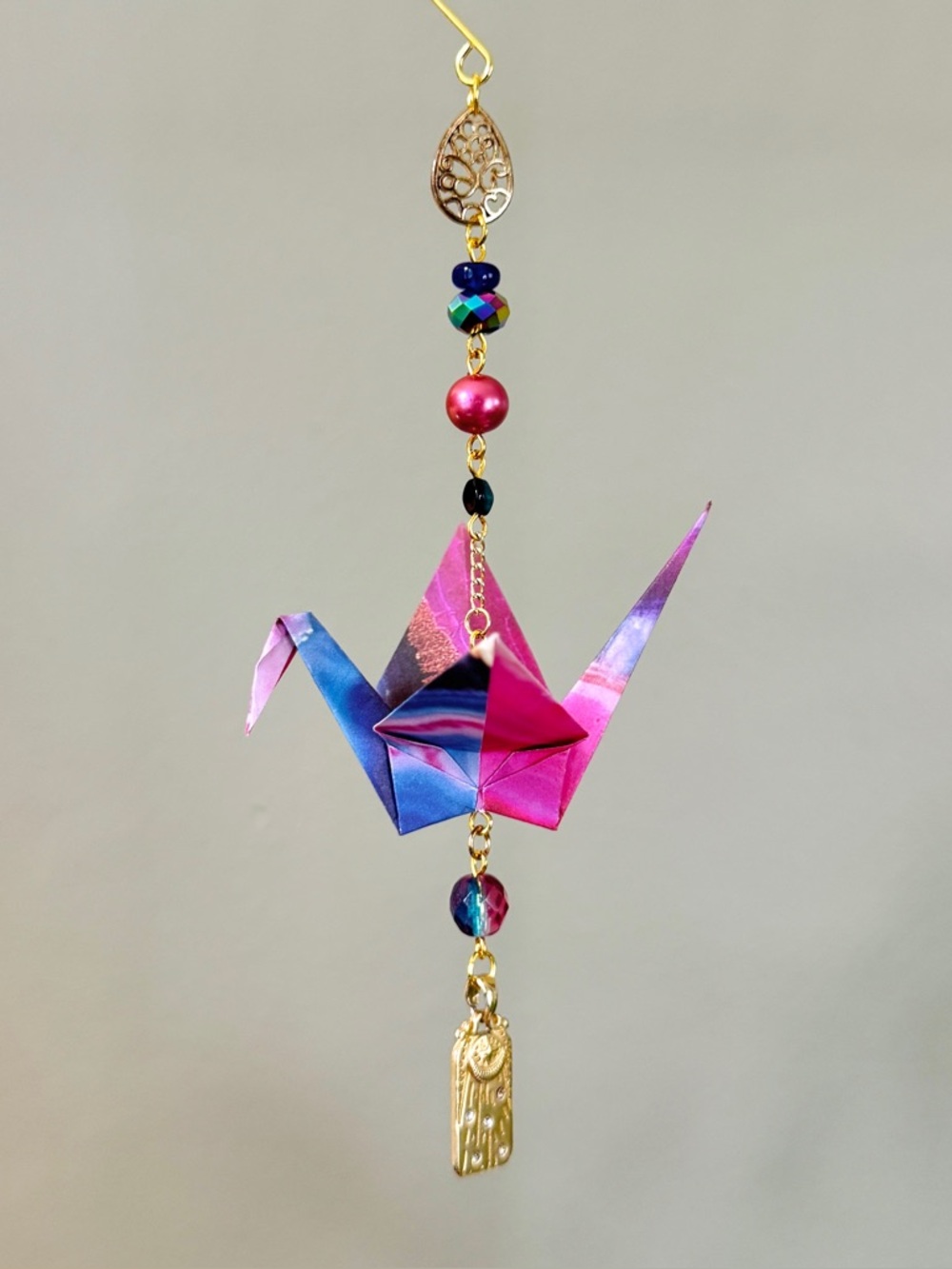 Origami Ornament #2437 - Medium Crane with Metal Charm